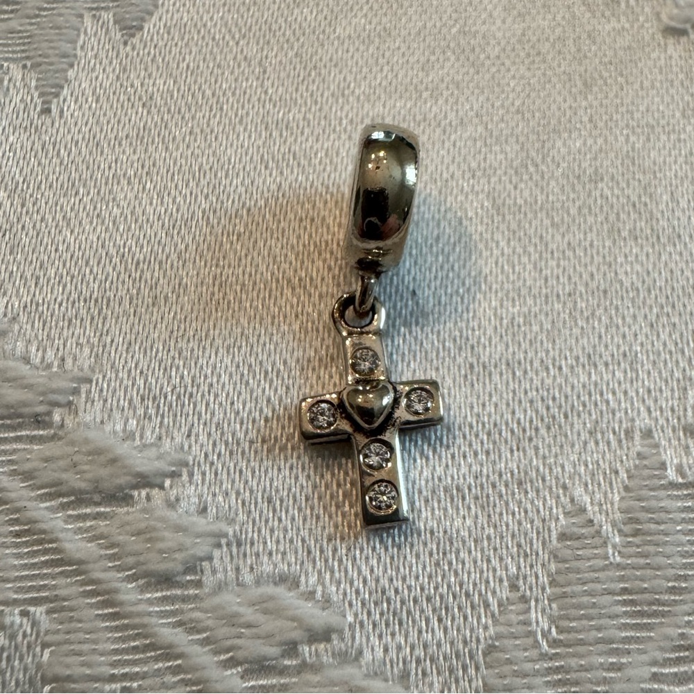 Pandora Silver Cross Charm with Heart and Crystals